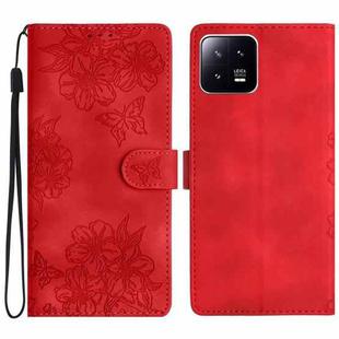 For Xiaomi 13 Cherry Blossom Butterfly Skin Feel Embossed PU Phone Case(Red)