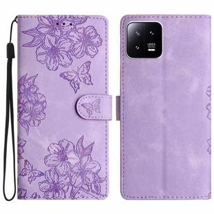 For Xiaomi 13 Cherry Blossom Butterfly Skin Feel Embossed PU Phone Case(Purple)