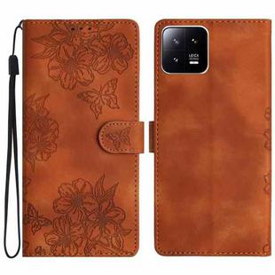 For Xiaomi 13 Cherry Blossom Butterfly Skin Feel Embossed PU Phone Case(Brown)