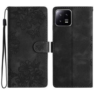 For Xiaomi 13 Cherry Blossom Butterfly Skin Feel Embossed PU Phone Case(Black)