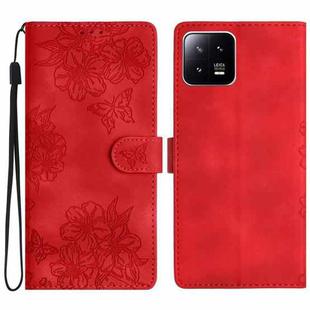 For Xiaomi 13 Pro Cherry Blossom Butterfly Skin Feel Embossed PU Phone Case(Red)