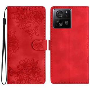 For Xiaomi 13T 5G Cherry Blossom Butterfly Skin Feel Embossed PU Phone Case(Red)