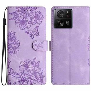 For Xiaomi 13T 5G Cherry Blossom Butterfly Skin Feel Embossed PU Phone Case(Purple)