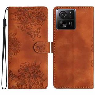 For Xiaomi 13T 5G Cherry Blossom Butterfly Skin Feel Embossed PU Phone Case(Brown)