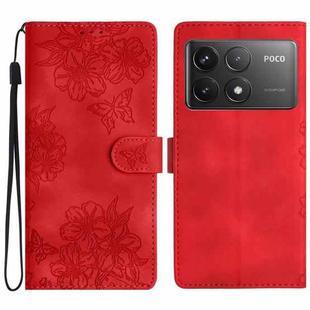 For Xiaomi Poco F6 Pro Cherry Blossom Butterfly Skin Feel Embossed PU Phone Case(Red)