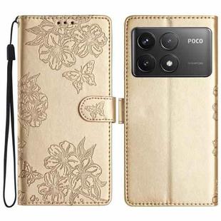 For Xiaomi Poco F6 Pro Cherry Blossom Butterfly Skin Feel Embossed PU Phone Case(Gold)