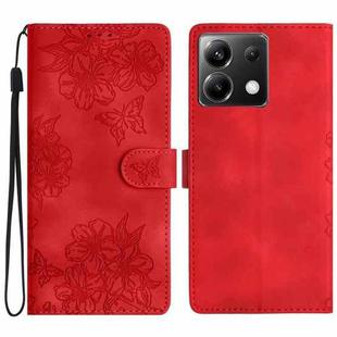 For Xiaomi Poco X6 Cherry Blossom Butterfly Skin Feel Embossed PU Phone Case(Red)