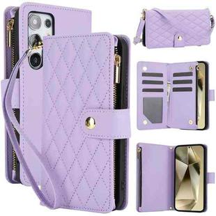 For Samsung Galaxy S24 Ultra 5G YM016 Rhombic Zipper Card Wallet Leather Phone Case with Lanyard(Light Purple)