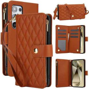 For Samsung Galaxy S24 Ultra 5G YM016 Rhombic Zipper Card Wallet Leather Phone Case with Lanyard(Brown)