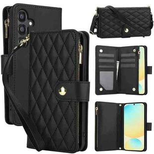 For Samsung Galaxy S24 FE 5G YM016 Rhombic Zipper Card Wallet Leather Phone Case with Lanyard(Black)