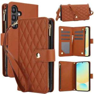 For Samsung Galaxy S24 FE 5G YM016 Rhombic Zipper Card Wallet Leather Phone Case with Lanyard(Brown)