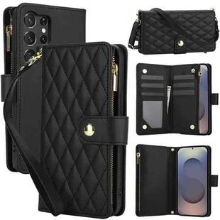 For Samsung Galaxy S25 Ultra 5G YM016 Rhombic Zipper Card Wallet Leather Phone Case with Lanyard(Black)