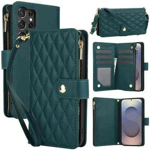 For Samsung Galaxy S25 Ultra 5G YM016 Rhombic Zipper Card Wallet Leather Phone Case with Lanyard(Green)
