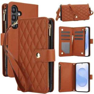 For Samsung Galaxy S25+ / S24+ 5G YM016 Rhombic Zipper Card Wallet Leather Phone Case with Lanyard(Brown)