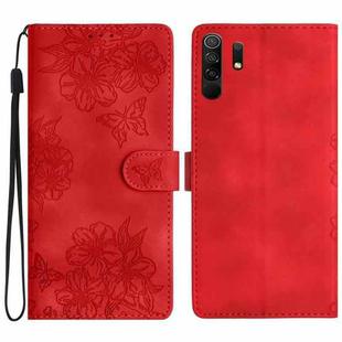 For Xiaomi Redmi 9 Cherry Blossom Butterfly Skin Feel Embossed PU Phone Case(Red)