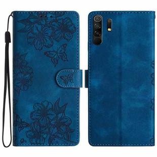 For Xiaomi Redmi 9 Cherry Blossom Butterfly Skin Feel Embossed PU Phone Case(Blue)