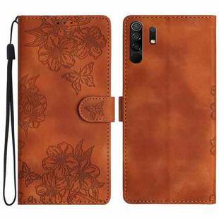 For Xiaomi Redmi 9 Cherry Blossom Butterfly Skin Feel Embossed PU Phone Case(Brown)