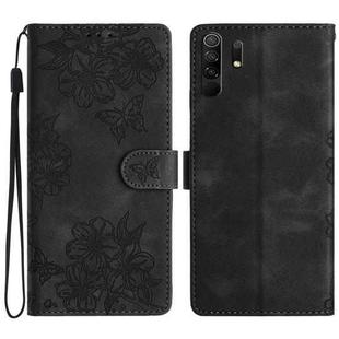 For Xiaomi Redmi 9 Cherry Blossom Butterfly Skin Feel Embossed PU Phone Case(Black)