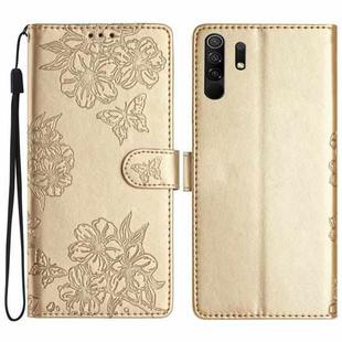 For Xiaomi Redmi 9 Cherry Blossom Butterfly Skin Feel Embossed PU Phone Case(Gold)