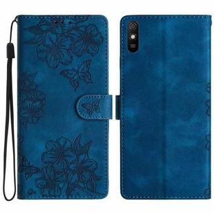 For Xiaomi Redmi 9A Cherry Blossom Butterfly Skin Feel Embossed PU Phone Case(Blue)