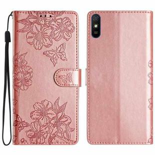 For Xiaomi Redmi 9A Cherry Blossom Butterfly Skin Feel Embossed PU Phone Case(Rose Gold)