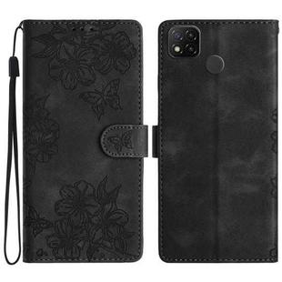 For Xiaomi Redmi 9C Cherry Blossom Butterfly Skin Feel Embossed PU Phone Case(Black)