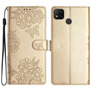 For Xiaomi Redmi 9C Cherry Blossom Butterfly Skin Feel Embossed PU Phone Case(Gold)