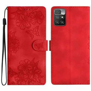 For Xiaomi Redmi 10 Cherry Blossom Butterfly Skin Feel Embossed PU Phone Case(Red)