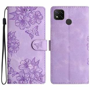 For Xiaomi Redmi 10A Cherry Blossom Butterfly Skin Feel Embossed PU Phone Case(Purple)