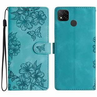 For Xiaomi Redmi 10A Cherry Blossom Butterfly Skin Feel Embossed PU Phone Case(Green)