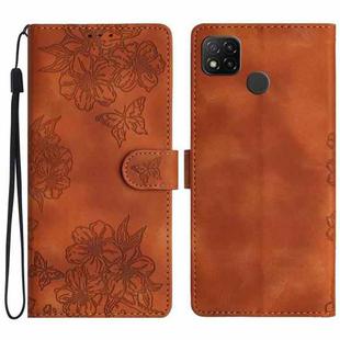 For Xiaomi Redmi 10A Cherry Blossom Butterfly Skin Feel Embossed PU Phone Case(Brown)