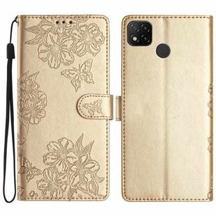 For Xiaomi Redmi 10A Cherry Blossom Butterfly Skin Feel Embossed PU Phone Case(Gold)