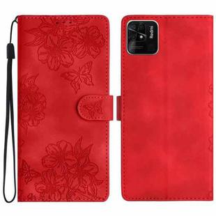 For Xiaomi Redmi 10C Cherry Blossom Butterfly Skin Feel Embossed PU Phone Case(Red)