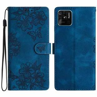 For Xiaomi Redmi 10C Cherry Blossom Butterfly Skin Feel Embossed PU Phone Case(Blue)