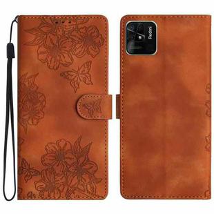 For Xiaomi Redmi 10C Cherry Blossom Butterfly Skin Feel Embossed PU Phone Case(Brown)