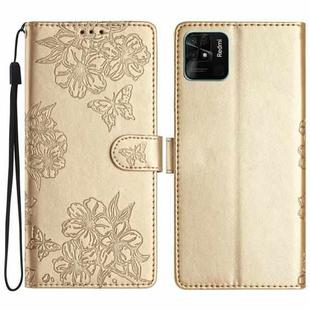 For Xiaomi Redmi 10C Cherry Blossom Butterfly Skin Feel Embossed PU Phone Case(Gold)