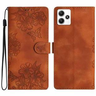 For Xiaomi Redmi 12 Cherry Blossom Butterfly Skin Feel Embossed PU Phone Case(Brown)