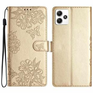 For Xiaomi Redmi 12 Cherry Blossom Butterfly Skin Feel Embossed PU Phone Case(Gold)