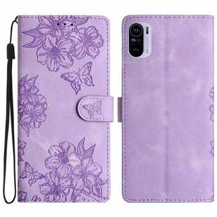 For Xiaomi Redmi K40 / K40 Pro Cherry Blossom Butterfly Skin Feel Embossed PU Phone Case(Purple)