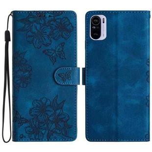 For Xiaomi Redmi K40 / K40 Pro Cherry Blossom Butterfly Skin Feel Embossed PU Phone Case(Blue)