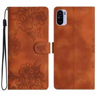 For Xiaomi Redmi K40 / K40 Pro Cherry Blossom Butterfly Skin Feel Embossed PU Phone Case(Brown)