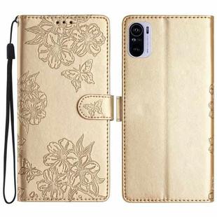 For Xiaomi Redmi K40 / K40 Pro Cherry Blossom Butterfly Skin Feel Embossed PU Phone Case(Gold)