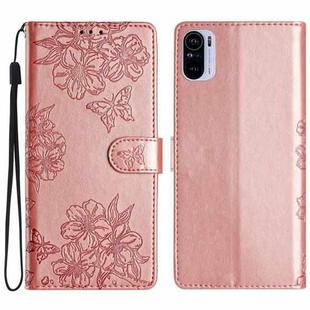For Xiaomi Redmi K40 / K40 Pro Cherry Blossom Butterfly Skin Feel Embossed PU Phone Case(Rose Gold)