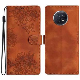 For Xiaomi Redmi Note 9 5G / Note 9T Cherry Blossom Butterfly Skin Feel Embossed PU Phone Case(Brown)