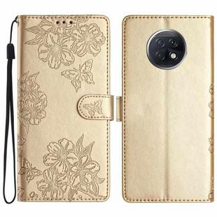 For Xiaomi Redmi Note 9 5G / Note 9T Cherry Blossom Butterfly Skin Feel Embossed PU Phone Case(Gold)