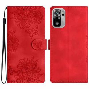 For Xiaomi Redmi Note 10S Cherry Blossom Butterfly Skin Feel Embossed PU Phone Case(Red)