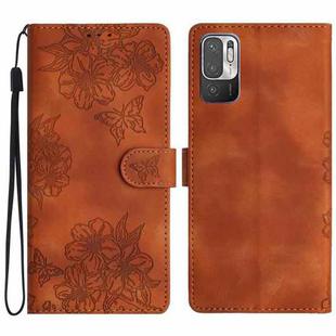 For Xiaomi Redmi Note 10 5G Cherry Blossom Butterfly Skin Feel Embossed PU Phone Case(Brown)