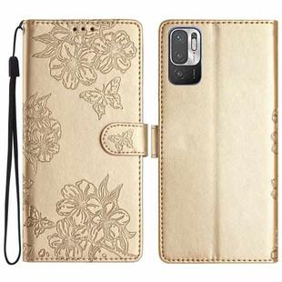 For Xiaomi Redmi Note 10 5G Cherry Blossom Butterfly Skin Feel Embossed PU Phone Case(Gold)