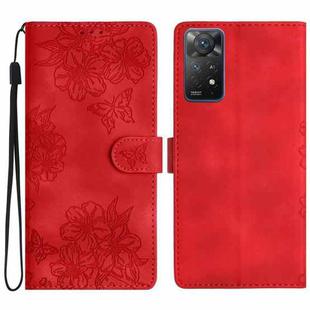 For Xiaomi Redmi Note 11 4G Global Cherry Blossom Butterfly Skin Feel Embossed PU Phone Case(Red)