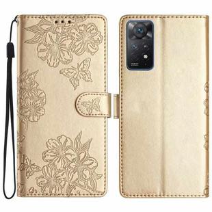 For Xiaomi Redmi Note 11 4G Global Cherry Blossom Butterfly Skin Feel Embossed PU Phone Case(Gold)